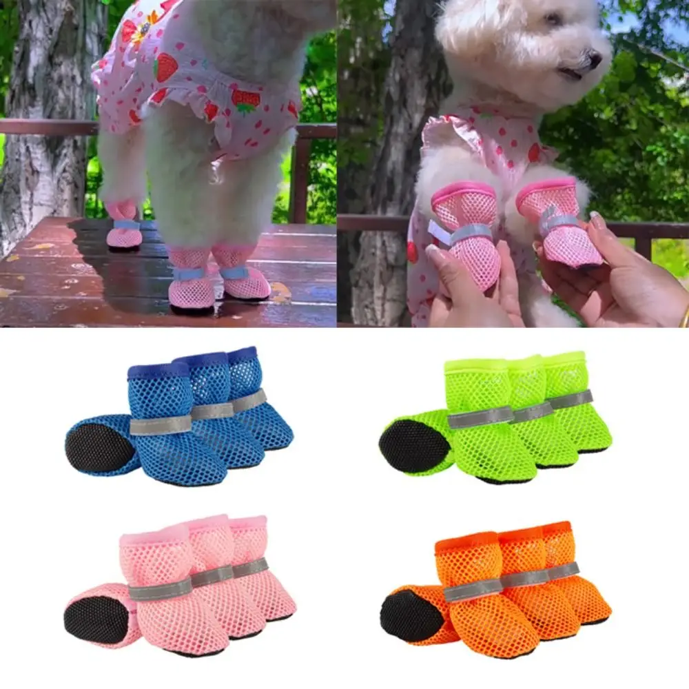4pcs/set Fashion Breathable Dog Mesh Shoes Non-slip Reflective Dog Net Shoes Wear Resistant Pet Short Boots Spring