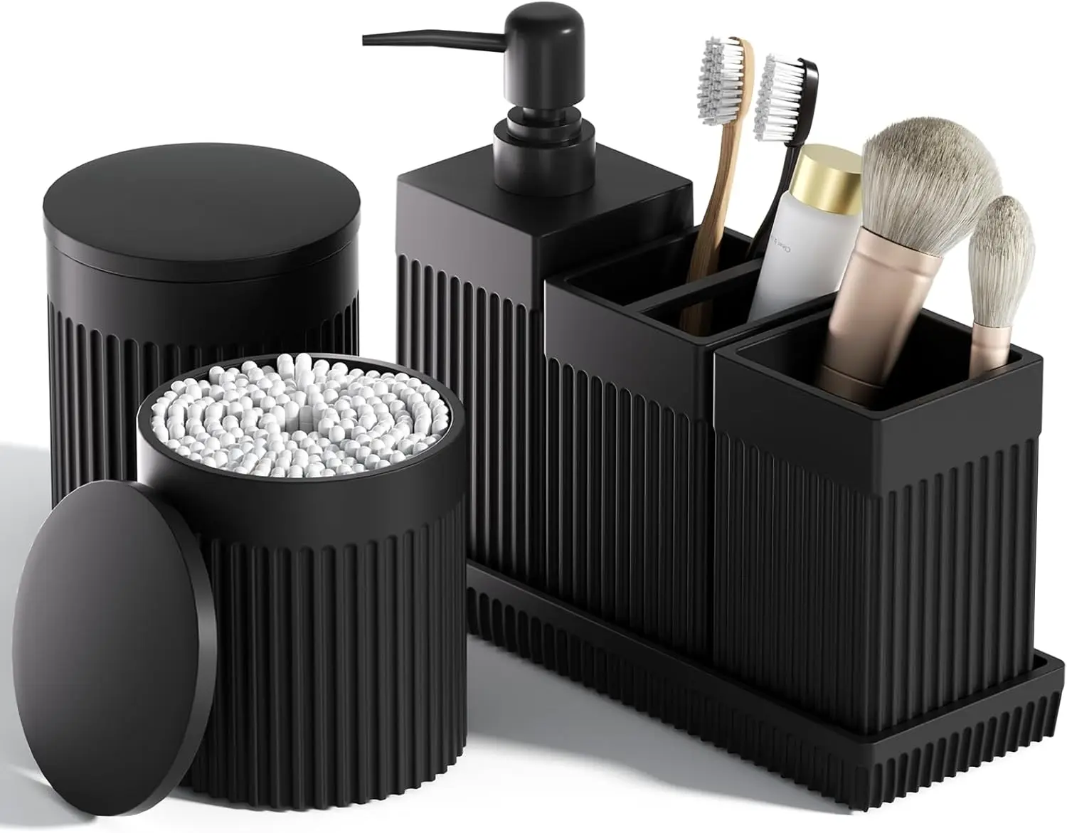 

6-Piece Black Bathroom Organizer Set with Soap Dispenser, Toothbrush Holder, Tray & Jars for Small Spaces