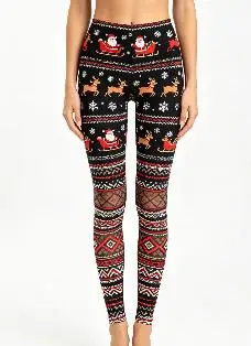 Women Mid‑Rise Fleece Lined Leggings, Christmas Santa Reindeer Snowflake Ethnic Knit Print Slim Stretch Holiday Pants - view 5