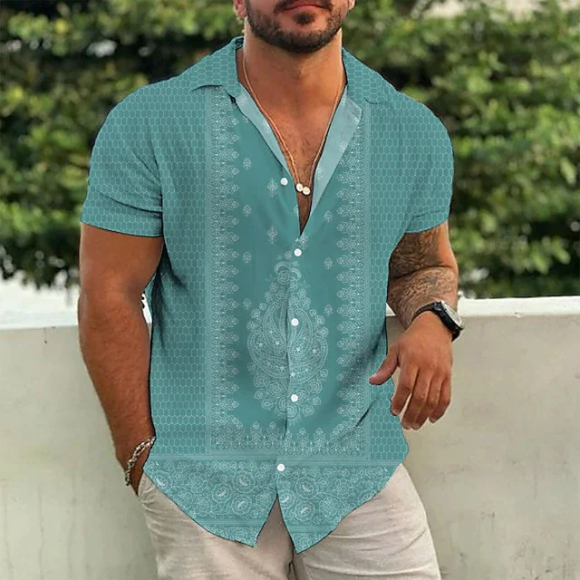 Men's Dark Ethnic Style Striped Breathable 3D Printed Shirt Short-sleeved Lapel Basic Hawaiian Beach Vacation Party Shirt Outer