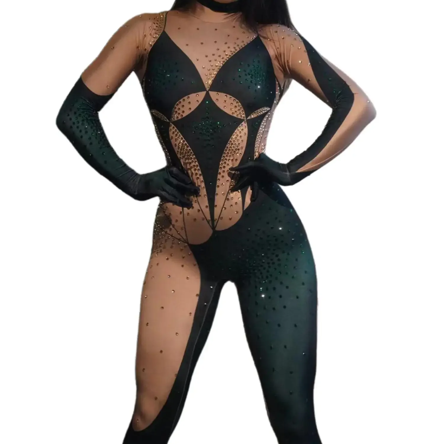 Sexy Long Sleeve Elastic Tights Rhinestone Spandex Bodysuit Bodycon Club Pole Dance Bodysuits Rompers Women One Piece Jumpsuits