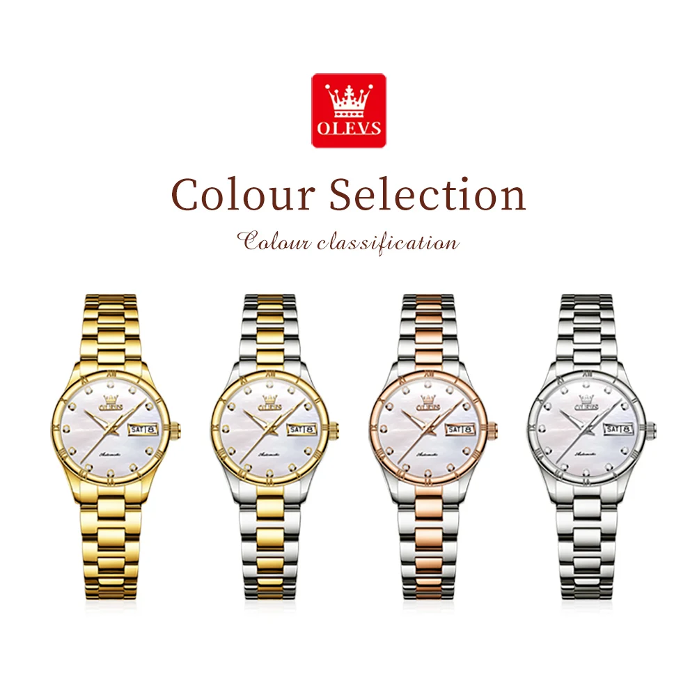 OLEVS 7030 Luxury Brand Ladies Wristwatch Dual Calendar Luminous Automatic Mechanical Diamond Watch for Women