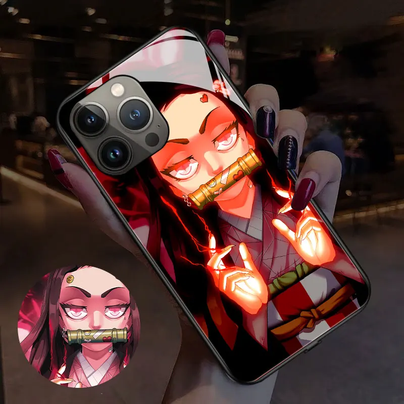 

HOT Anime LED Lights Up Luminous Phone Case For Iphone 15 14 Plus 13 12 11 Pro Max Mini XS XR Demon Slayer Voice Flashing Cover