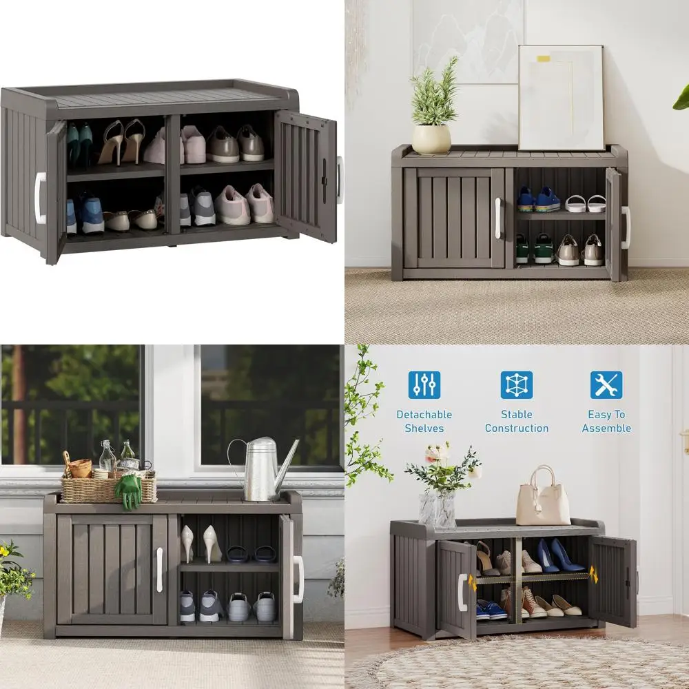 

Двухуровневая водонепроницаемая скамья для хранения обуви на открытом воздухе с защитой от УФ-излучения, регулируемыми полками для прихожей, гостиной (серая)