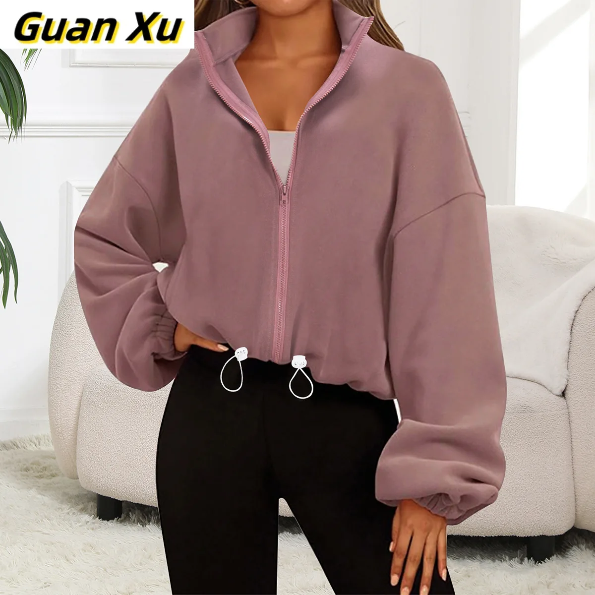 

spring and autumn women's clothing fashion casual long-sleeved solid color zipper placket swinging tail shrink rope top