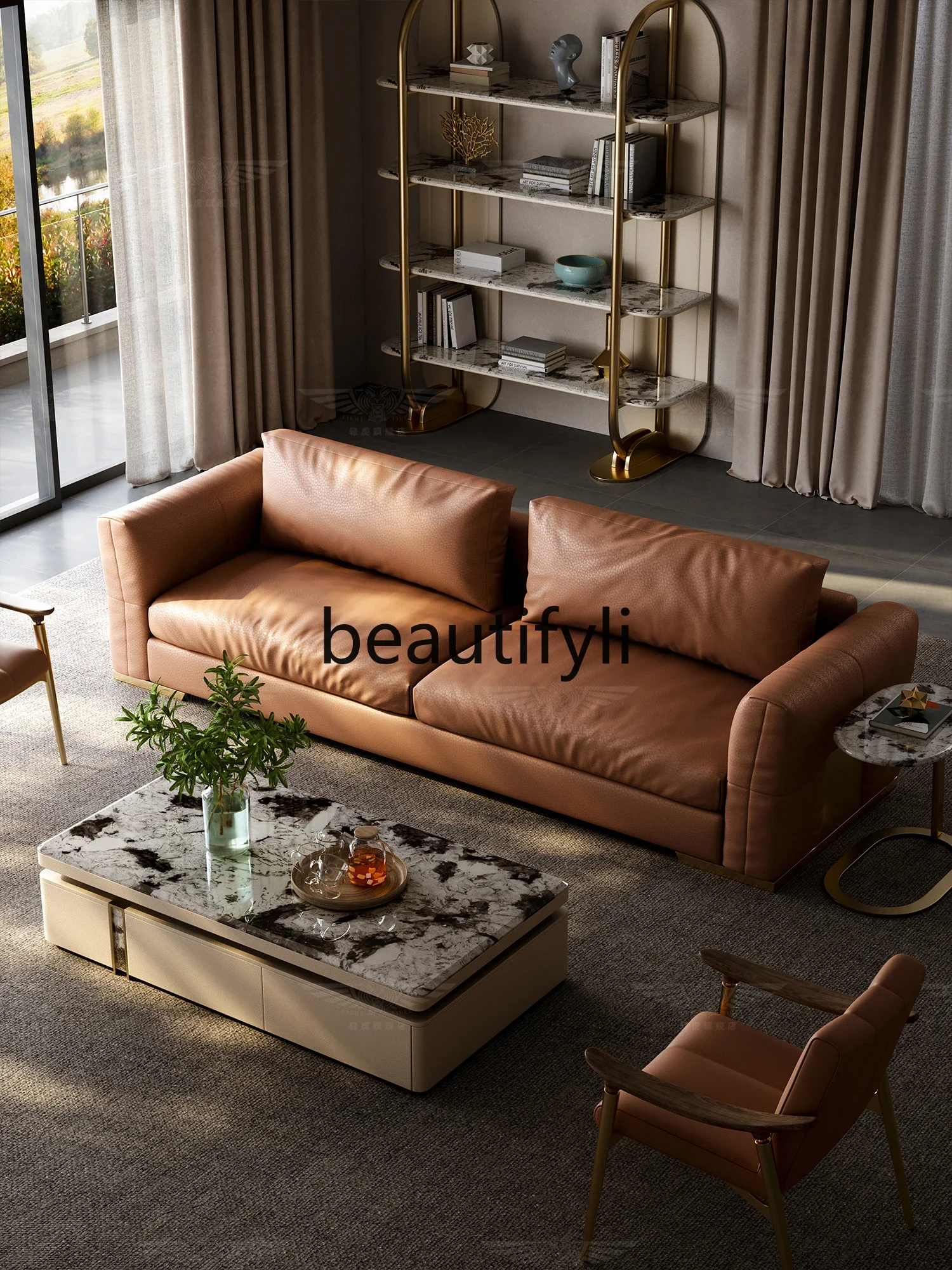 All leather Italian light luxury sofa high-end villa large flat living room 2024 new modern simplicity