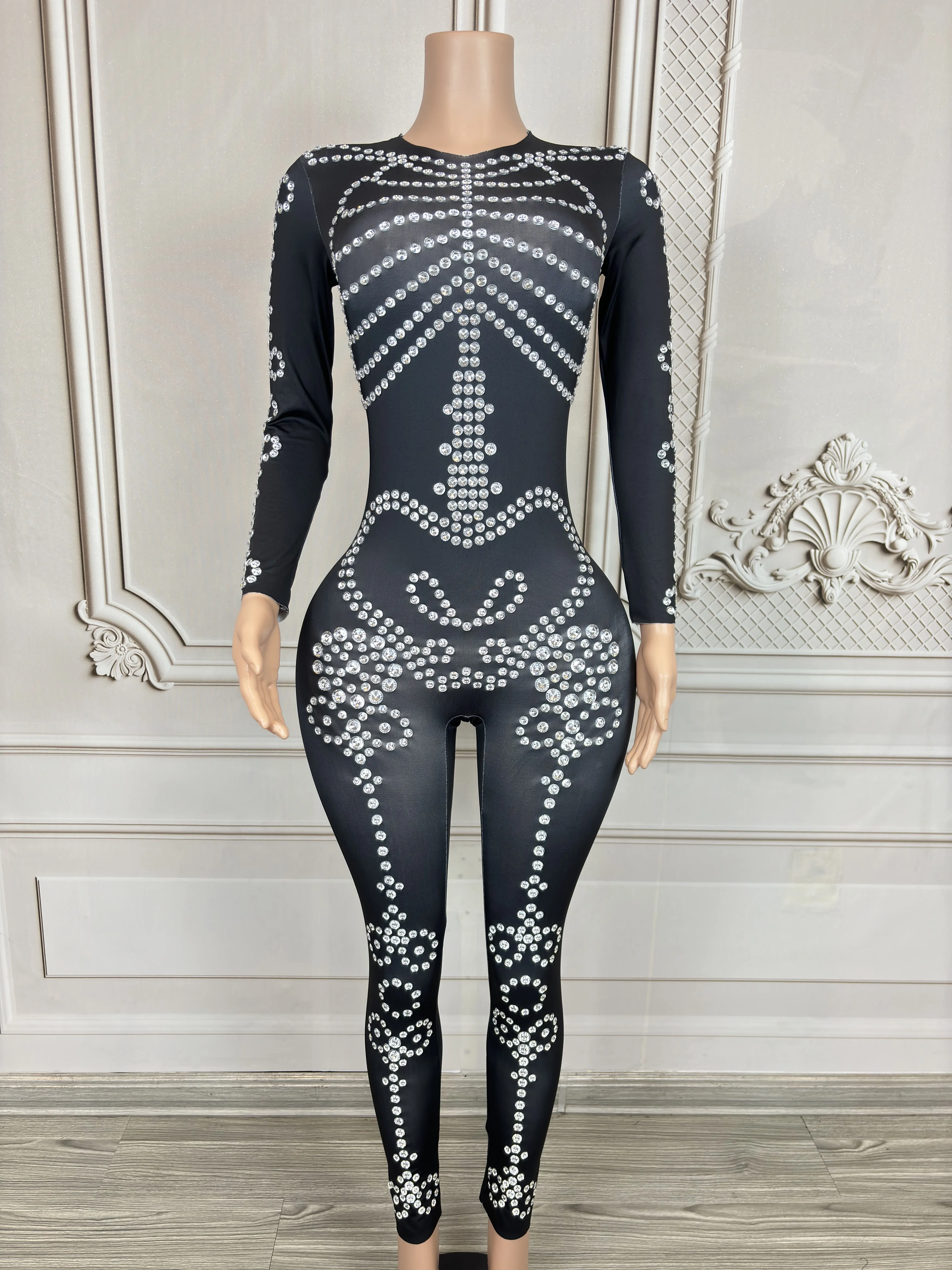 Fashion Halloween Skeleton Outfit Sparkle Rhinestone Bodysuit Fashion Party Club Jumpsuit Lady Stage Dance Performance Clothing