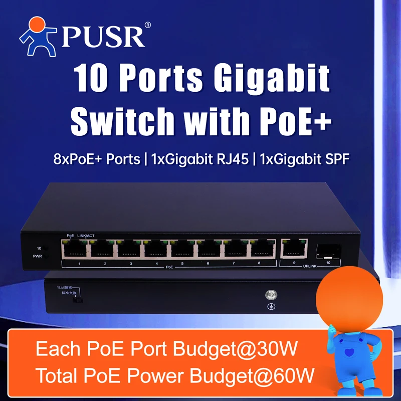 

10-портовый гигабитный коммутатор PoE PUSR с 8 PoE+ металлическим корпусом для настольного или настенного монтажа, 1 гигабитный Eth и 1 порта SFP, выход POE USR-S1210P