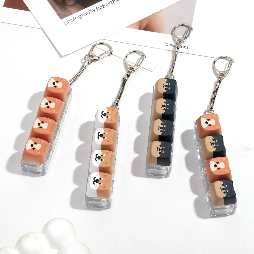 Cute Shiba Inu Puppy Keychain 4 Keys Keyboard Key Ring Backpack Pendant Desktop Accessories Fingertip Decompression Tools