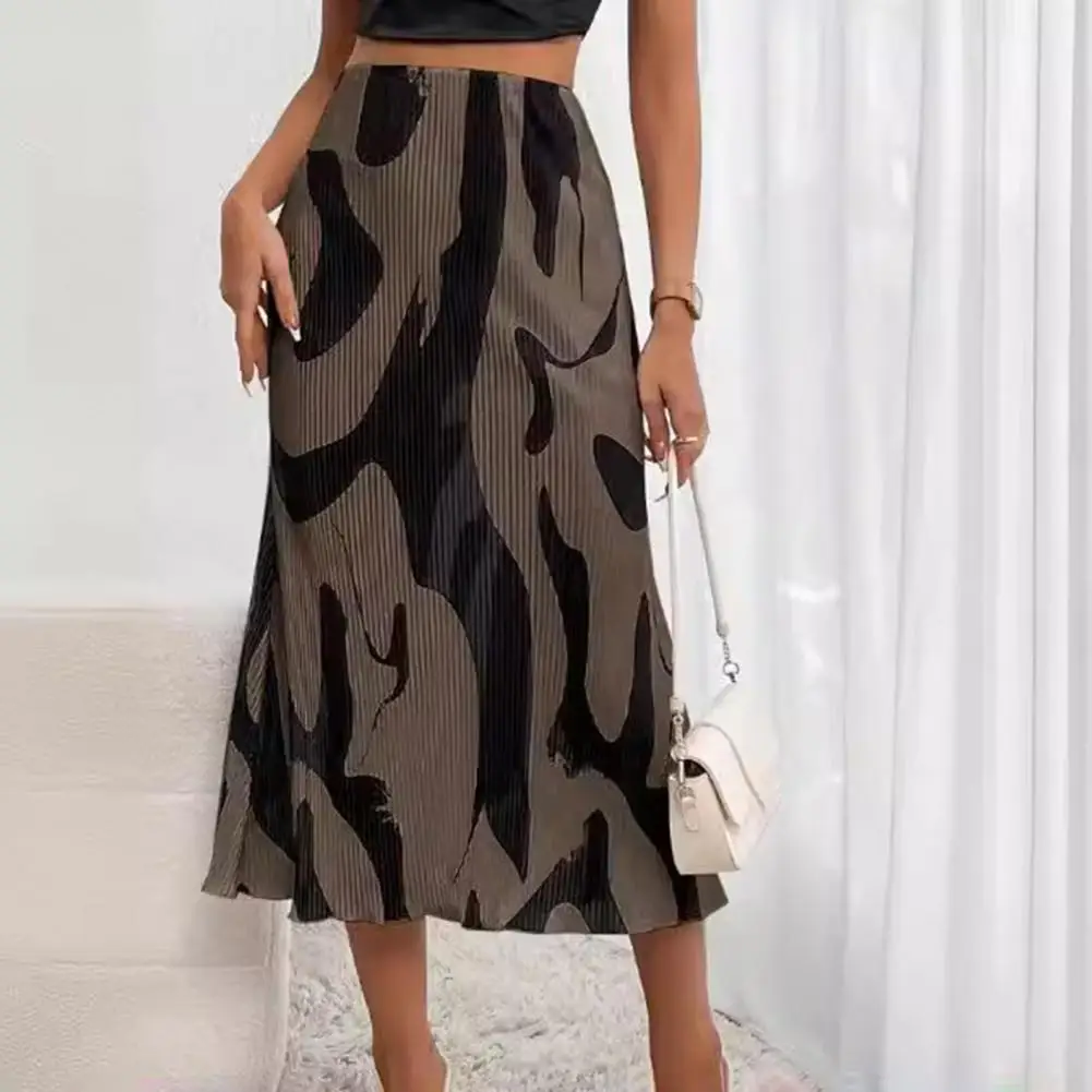 

Women Fishtail Skirt Geometric Print A-line Skirt Stylish Office Lady Workwear with High Waist Large Hem Midi Skirt