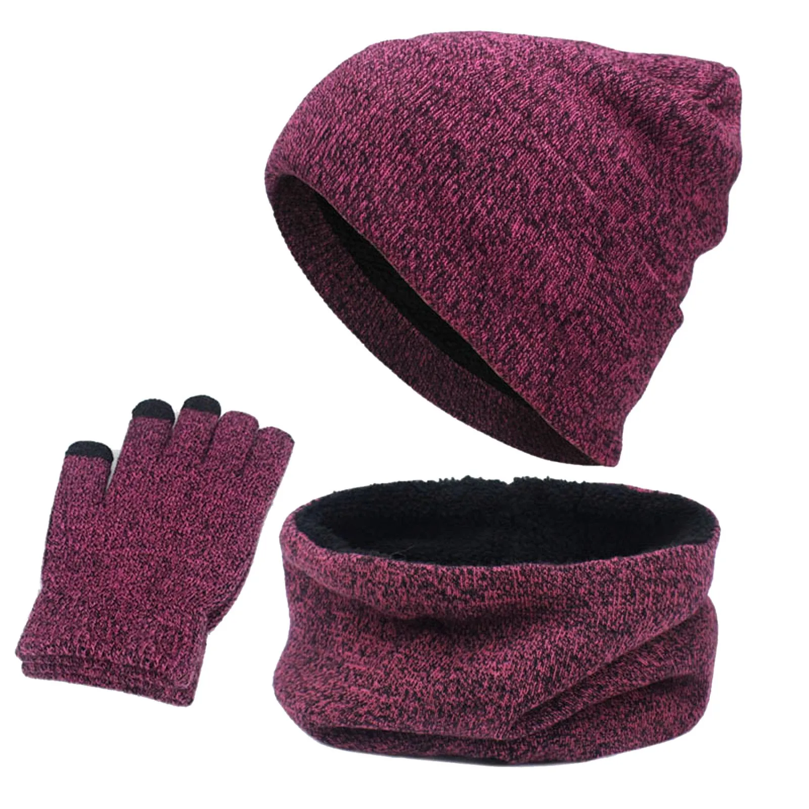 Ensemble de bonnets thermiques unisexes pour hommes et femmes, cache-oreilles, cache-cou, gants en tricot, écharpe, gants, doublure sourire, hiver, 3 pièces