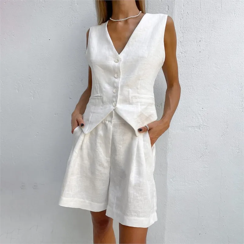 

Fashion Elegant Women's Casual Linen Cotton 2 Piece Set Vest Set Summer Sleeveless Tank Top Shorts Two Piece Suit Outfit