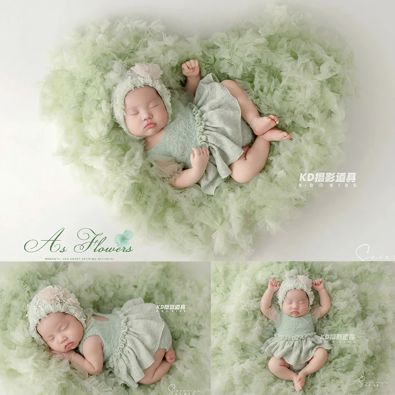 Fresh Green Lace Dress and Flower Trimmed Hat Newborn Photography Props Green Tulle Background Accessories Infants Photo Costume