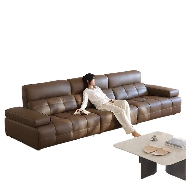 High backrest Lawrence leather sofa, functional armrest black new large living room straight row high-end all-green leather sofa