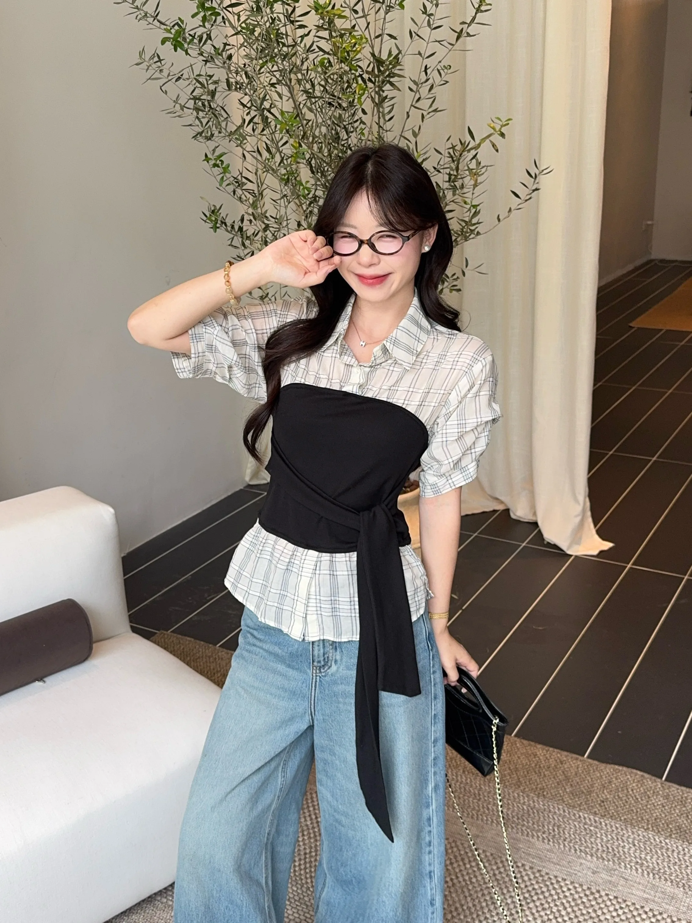 

plus Size Women's Lazy Style Plaid Shirt Summer New High Waist Belted Casual Top Trendy Korean Version Bubble Sleeve Short Sl...