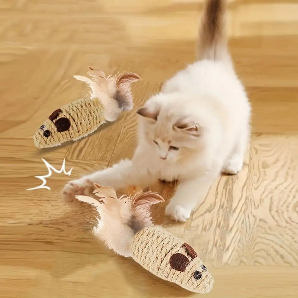 Handwoven Hemp Rope Mice Cat Toy With Natural Feather And Jingling Bell - Interactive Play For Cats, Durable And Fun Pet Toy