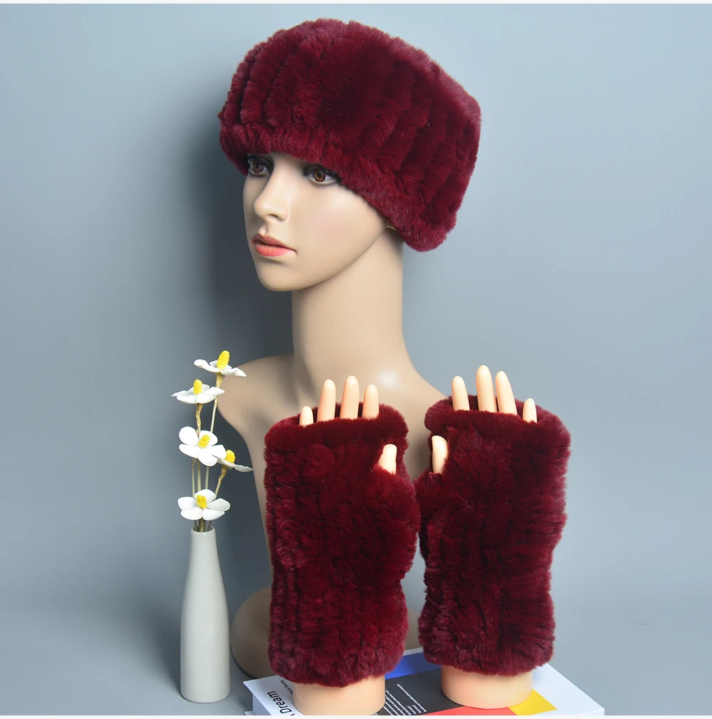 One Set Women Real Rex Rabbit Fur Cuff+Headband Winter Warmer Hat Arm Wrist Sleeve Gloves Female Real Fur Cap+Elastic Wristband