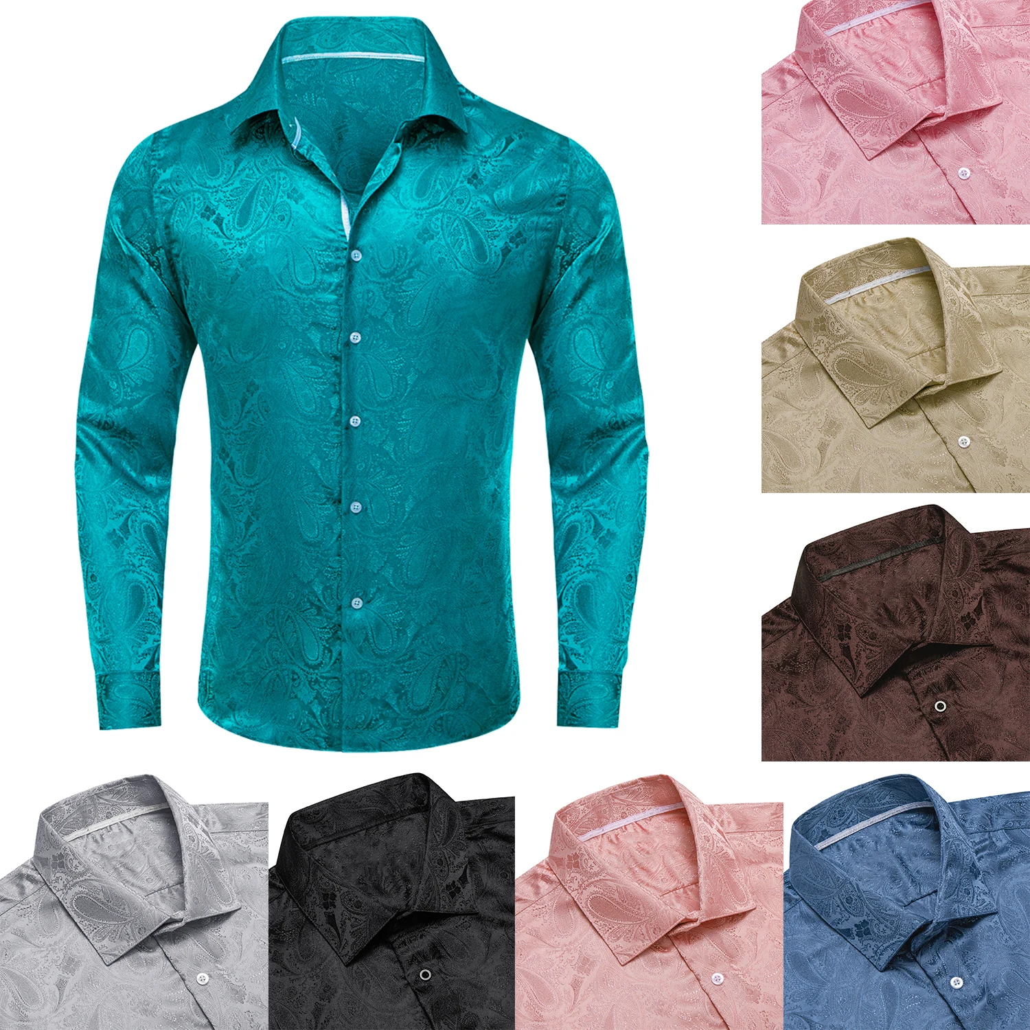 

Hi-Tie Paisley Teal Blue Pink Grey Mens Shirts Long Sleeve Dress Shirt Blouse for Male Wedding Gift Party Banquet Office