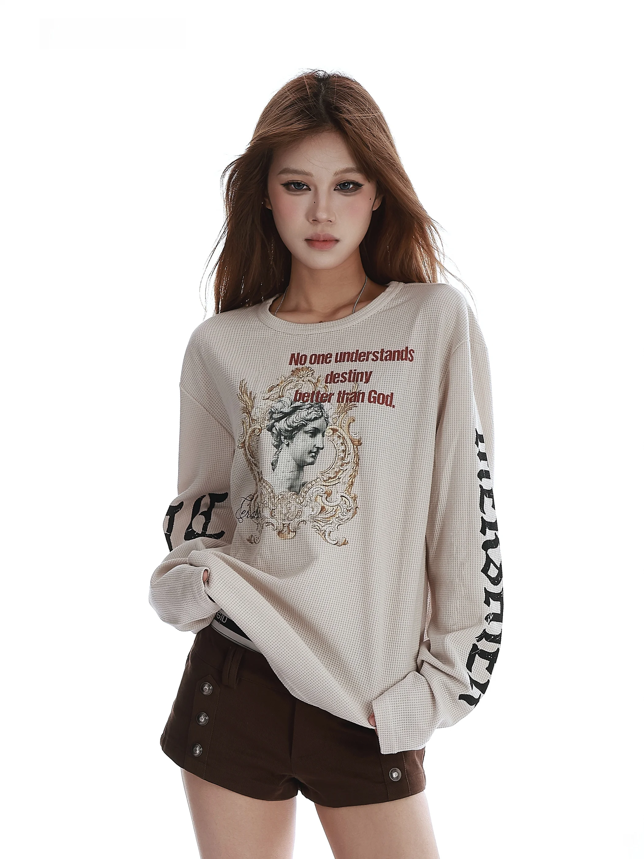 

Свободная женская футболка с длинным рукавом для весны, с принтом, повседневная, дышащая, комфортная, с круглым вырезом