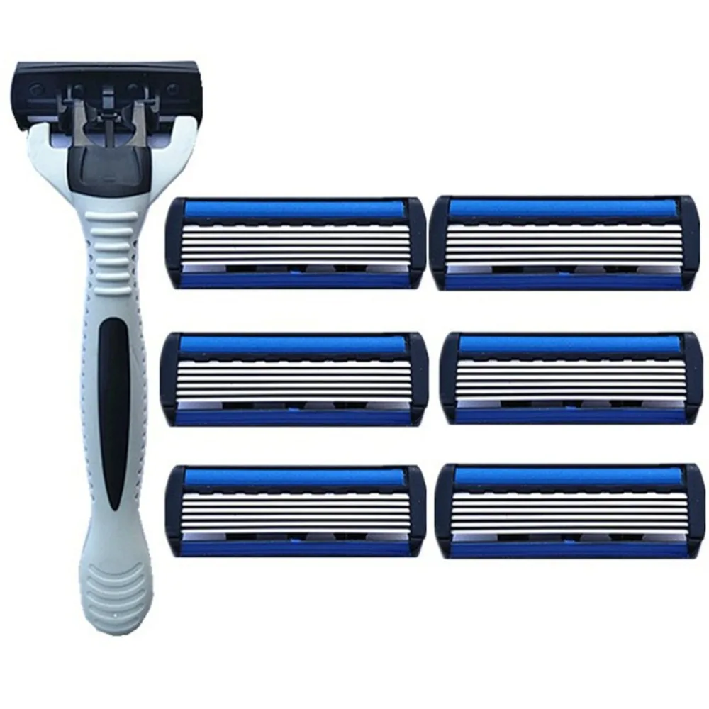 6-Layers Shaver Razor=(1 Razor Holder + 7 Blades Head) Cassette Shaving Razor Set Blue Body Face Hair Removal Knife Women Men