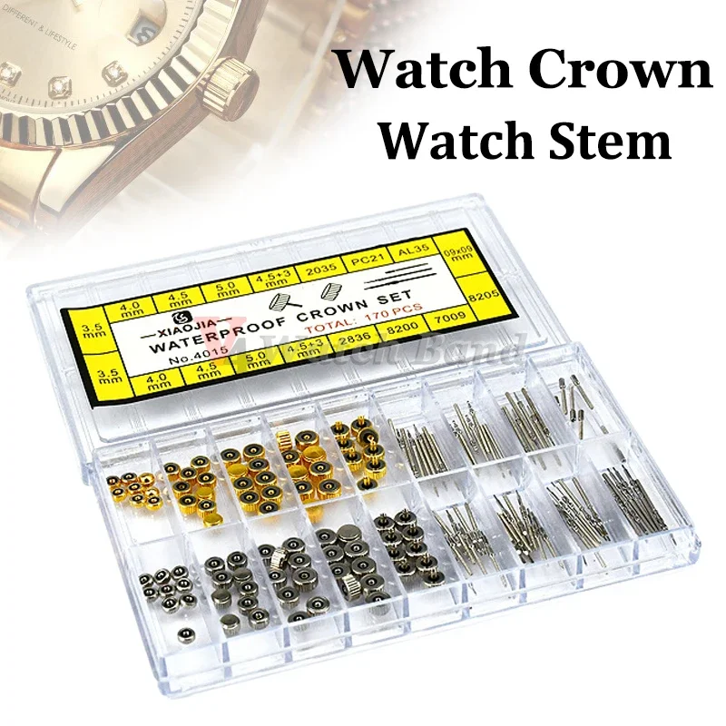 170Pcs/Box Watch Crown Stem Parts Assorted Dome Flat Head Watches Repair Parts Replacement Repair Tool Accessories Tool Kits