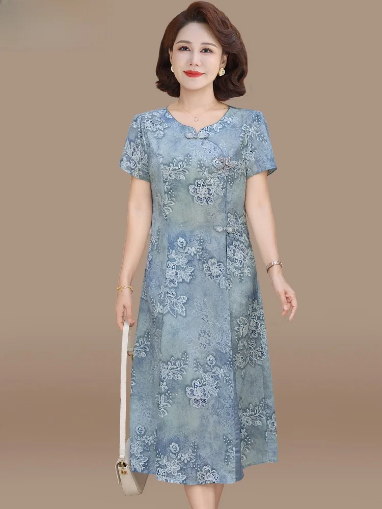 

Новая китайская летняя шифоновая юбка для женщин среднего и старшего возраста, модная, свободного кроя, с круглым вырезом.