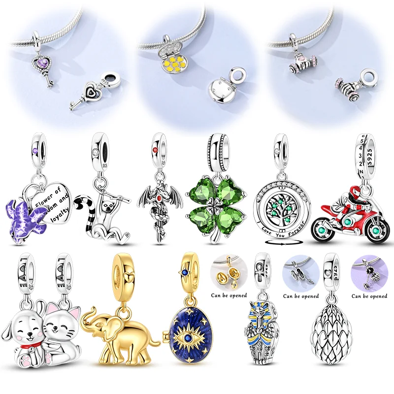 Original 925 Sterling Silver Charms Beads Motorcycle Rider Clover Dangle Fit Bracelet Pendant DIY Jewelry Gift For Women