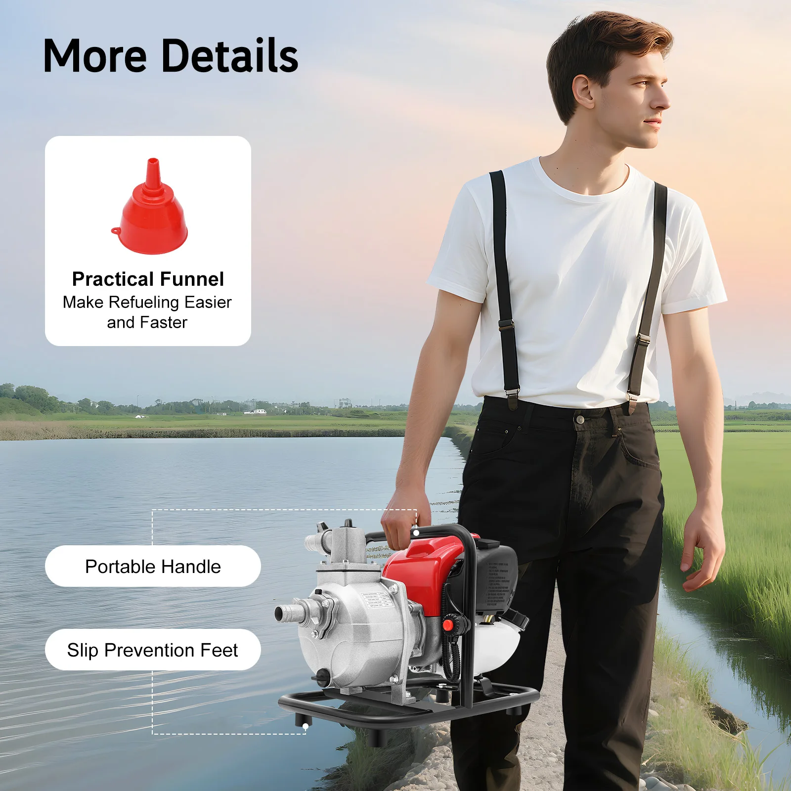 38ccガソリンエンジン式ウォーターポンプ 1.2KW出力 135L/分流量 30m揚程 8m吸程 900mlタンク 農業灌漑 消防救助 最大10500rpm