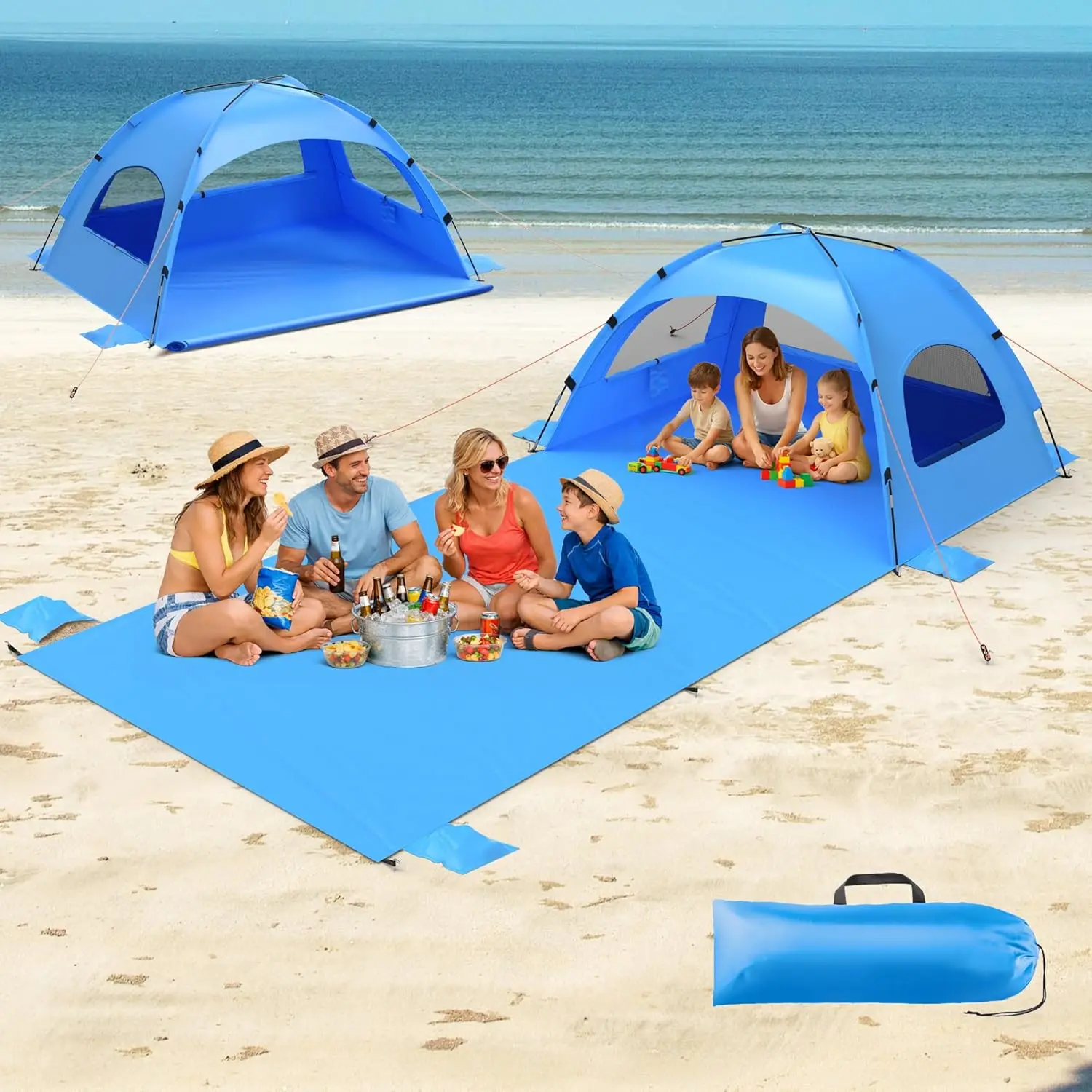 

Пляжная палатка-тент от солнца с расширенным пескозащитным ковриком 114×82 дюйма, защита UPF 50+, 3 двухслойных окна