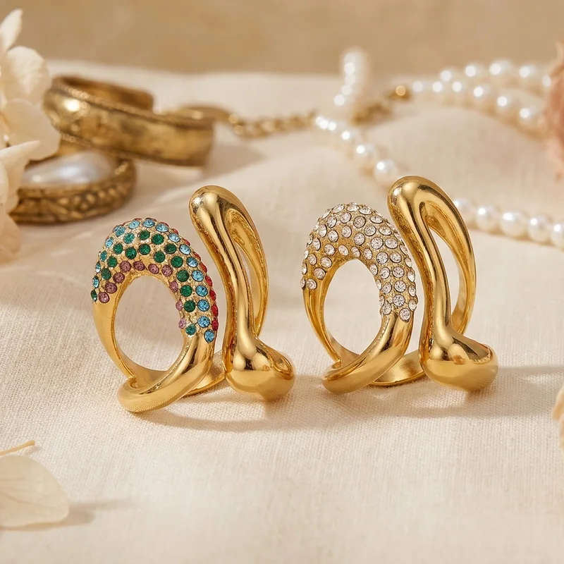 Kalen Irregular Curve Open Twist Ring for Women Stainless Steel Gold Tone Paved Multicolor Clear Rhinestone Finger Ring Jewelry