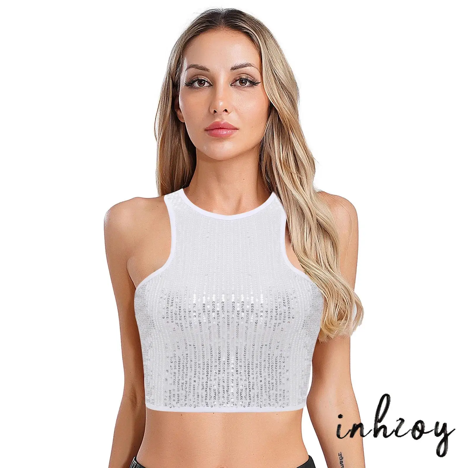 

Cool Womens Highstreet Glitter Sequin Crop Tank Tops Racer-back Sleeveless Crew Neck Slim Fit Vest Crop Tops Streetwear Clubwear
