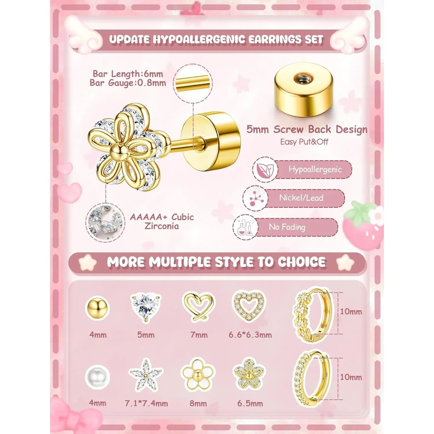 Drperfect Trendige Ohrstecker und Creolen für Damen, Ohrringe aus Chirurgenstahl mit flacher Rückseite, niedliche Blumen- und Herz-Ohrringe, Piercing-Schmuck – Detail 3