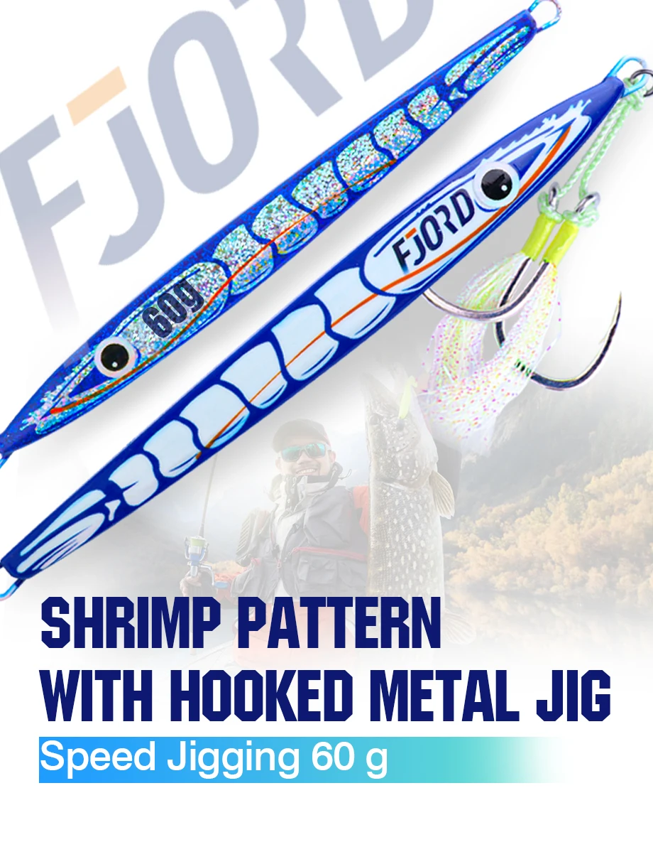 FJORD 60g Metall-Angel-Jig mit Haken, leuchtende UV-Beschichtung, schnell sinkend, Meer, Salzwasser, Shore, Garnelenmuster, künstlicher Köder – Detail 1