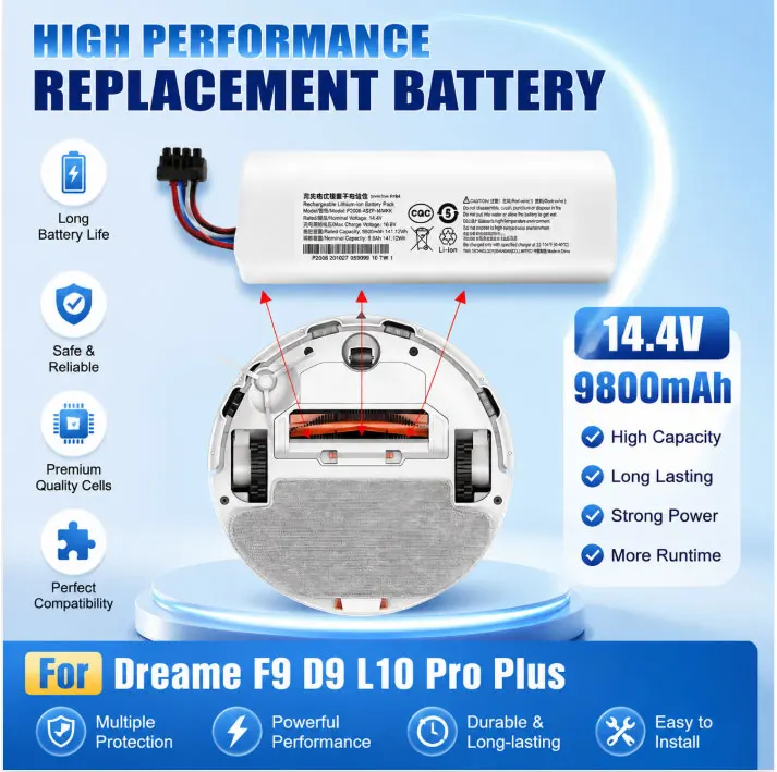 Ersatz-Lithium-Ionen-Akku 9800mAh 4INR19/66-2 für Dreame Roboter-Staubsauger D9 F9 L10 L10 Pro EU-Lagerbestand Polen Schnelle Lieferung 3-7 Werktage