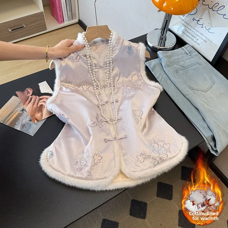 

New Chinese Ancient Sle Hanfu Embroidered Cotton Interlined Satin Patchwork Thiened Traditional National Sle Vest
