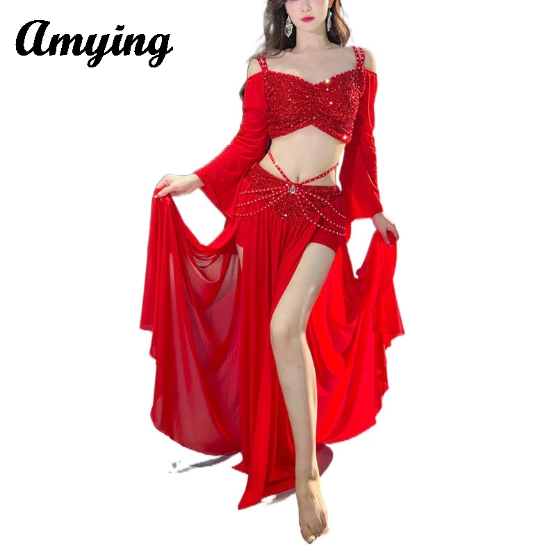 Tuta da danza del ventre da donna Costume da spettacolo di danza Costume da spettacolo per adulti Sexy maglia di paillettes abbigliamento da ballo indiano uniforme di classe di allenamento