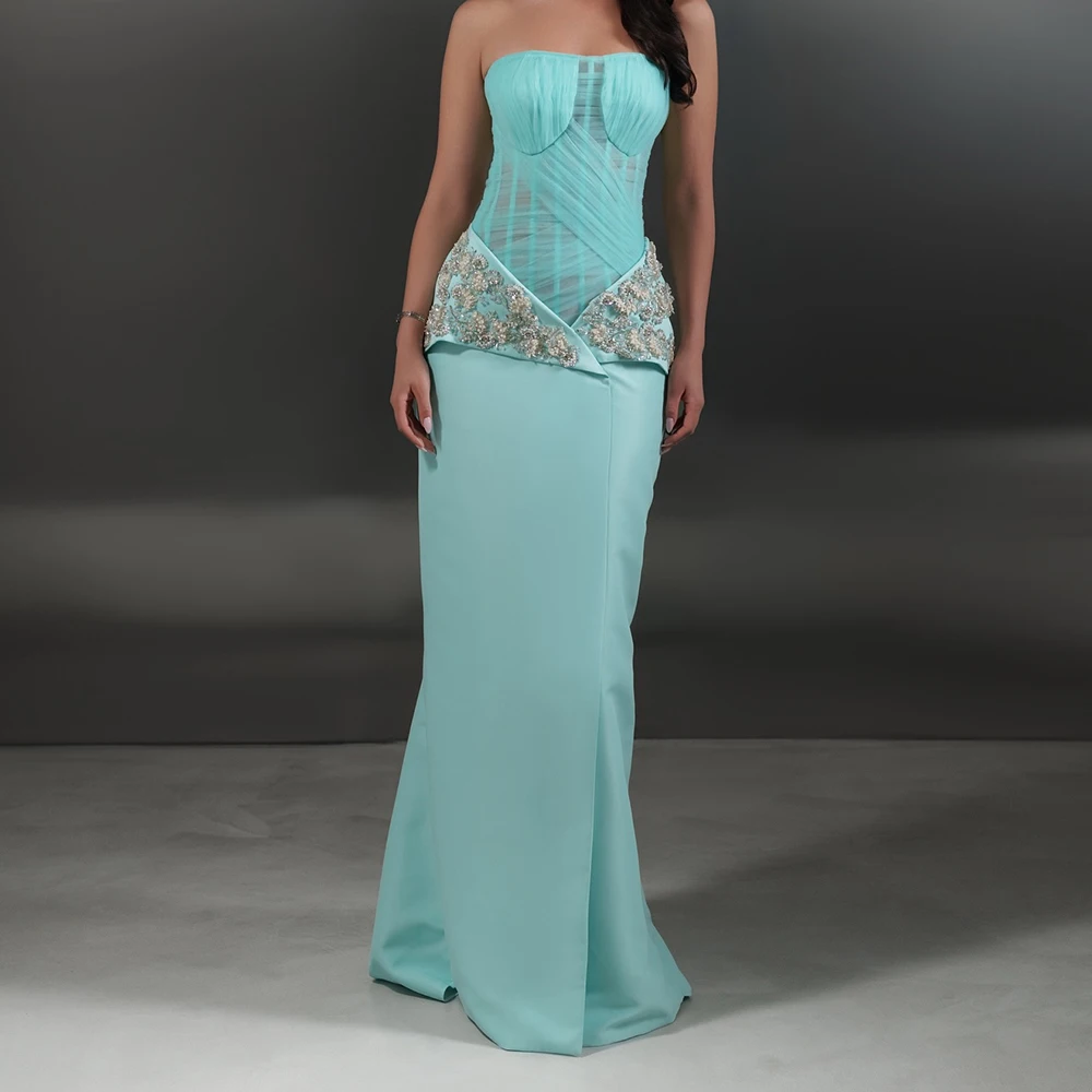 

Customized Exquisite Mermaid Evening Dresses Floor-length Strapless Sleeveless Prom Gown Fashion Beading Flowers Party Gown