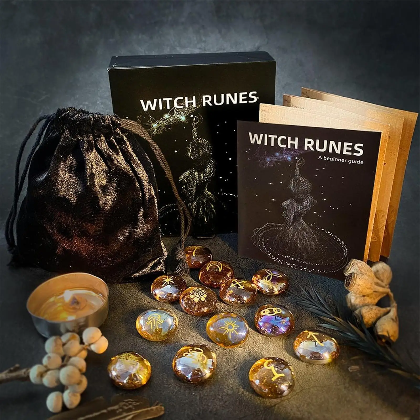 

Engraved Viking Runes Stones Elder Futhark Witchcraft Kit Amulet Set for Spiritual Guidance and Altar Use