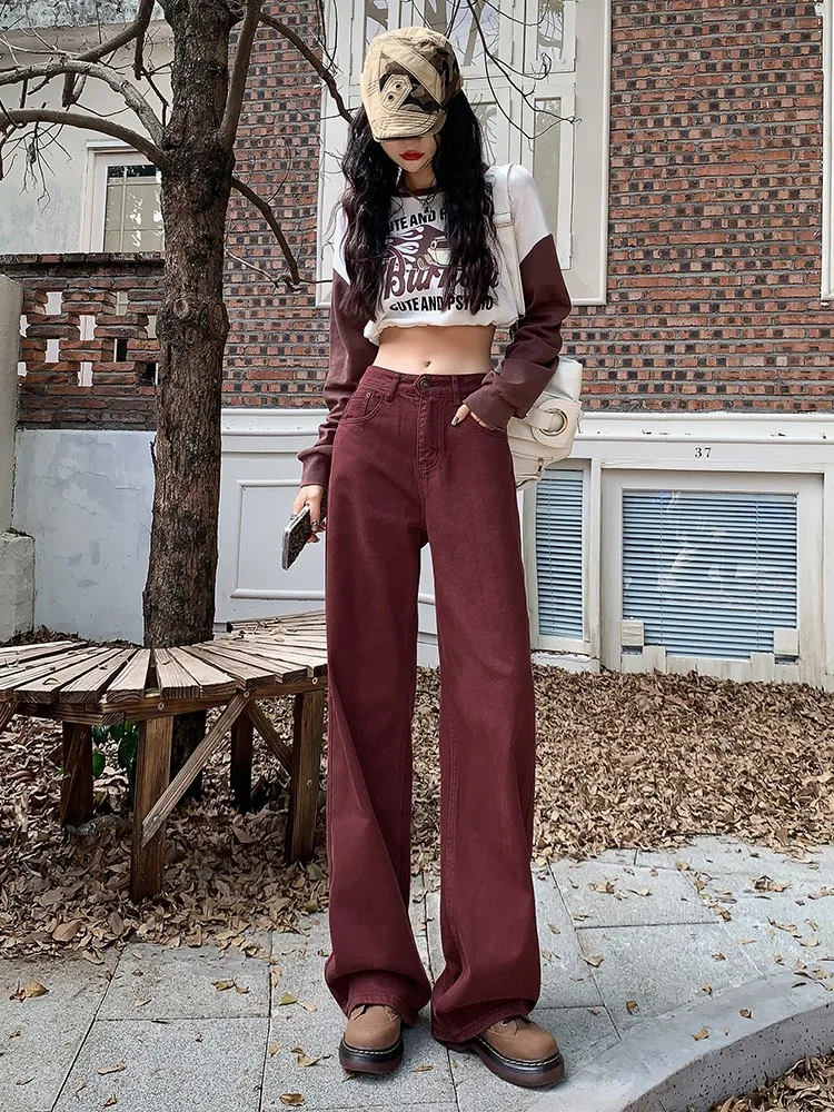 2023 Autumn and Winter Brick Red High Waist Straight Leg Wide Leg Jeans Women\'s Loose Pants Show Thin and Tall Appearance