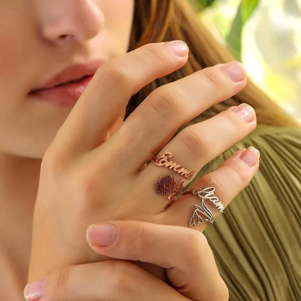 Custom Birth Month Flower Ring Adjustable Name Personalized Birthflower Jewelry Bague Femme Wedding Birthday Gift