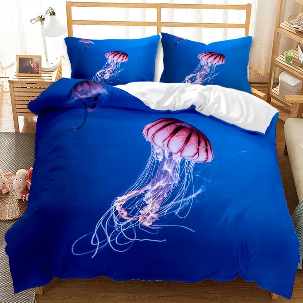 Marine Life Duvet Cover Set Glowing Jellyfish Twin Qulit Cover Tropical Ocean Fish Under Sea Marine Life Bedding Set
