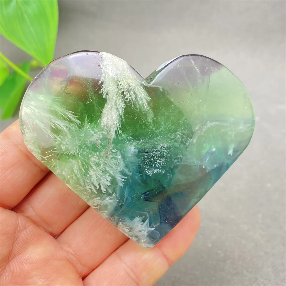 Natural Gem Feather Fluorite Crystal Heart Shape Hand Polished Love Holiday Gift Home Decoration Ornaments