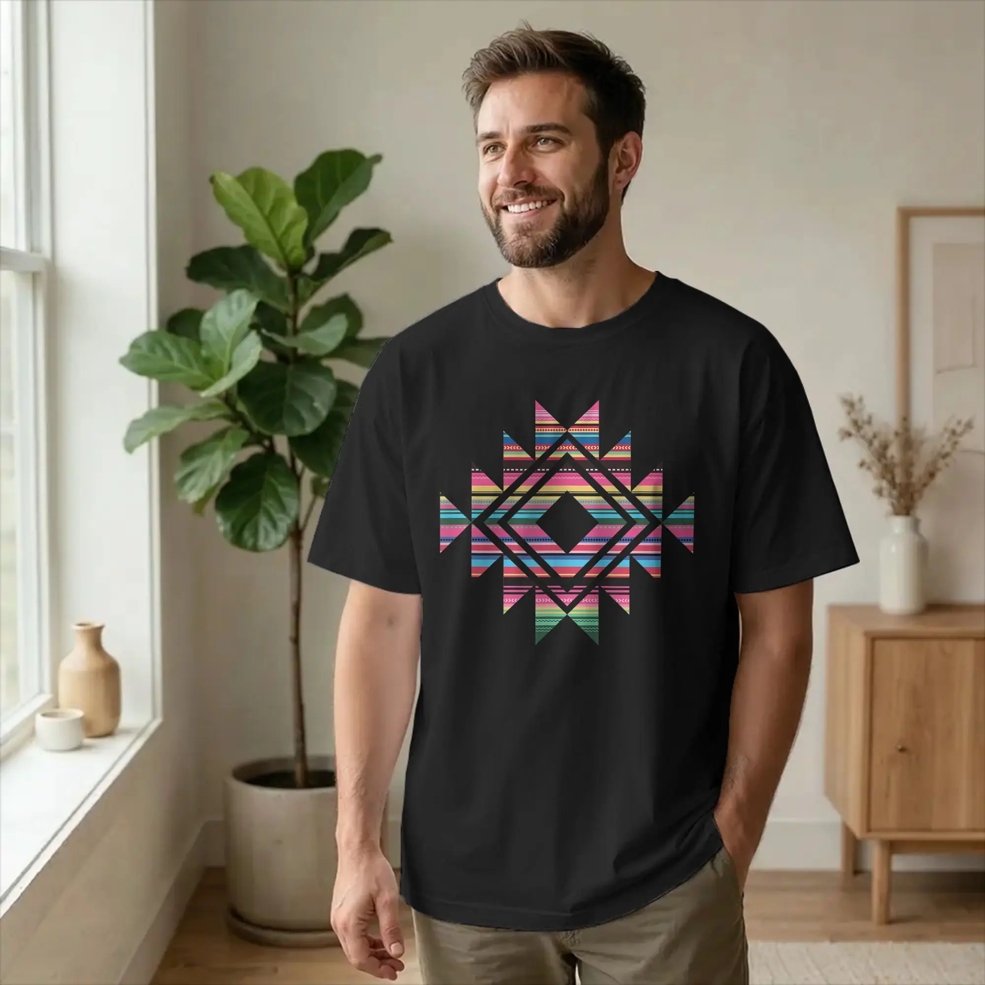 Aztec Mexican Serape Tribal Pattern T-Shirts Men Santa Fe Fun Cotton Tees Crew Neck Short Sleeve T Shirts Plus Size merchandise