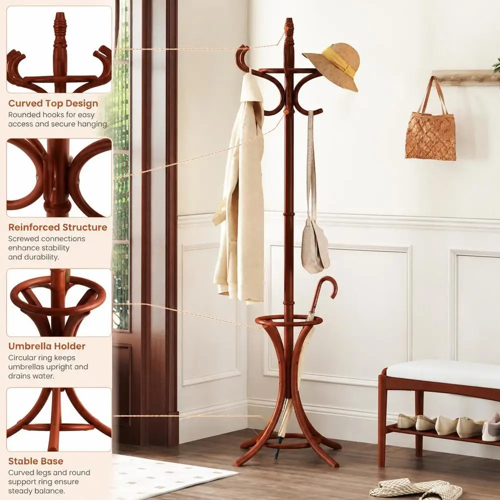 Porte-manteau sur pied en bois avec porte-parapluie - Marron