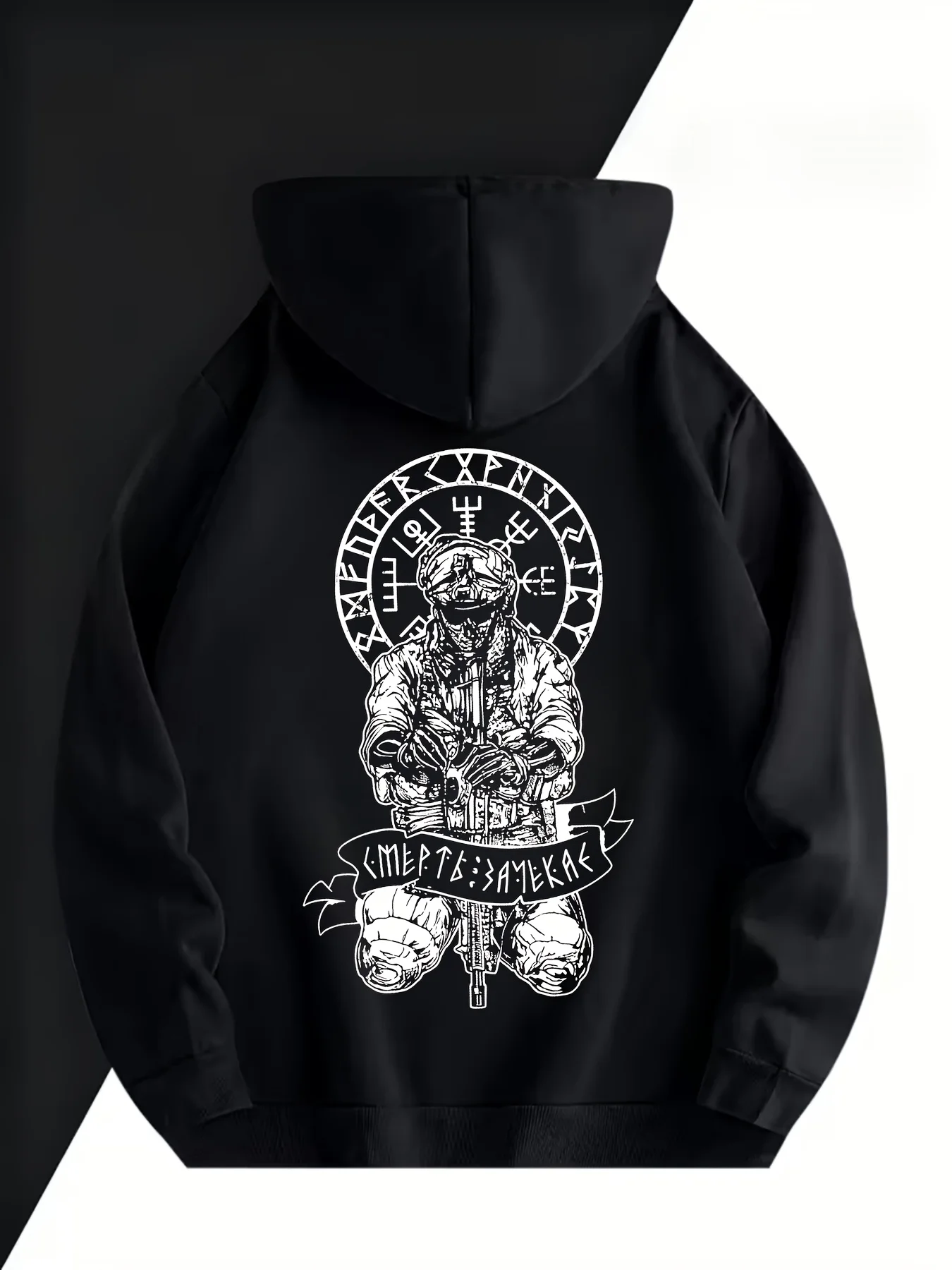 Functional hardcore men's hooded sweatshirt with mysterious runes and tactical character print, casual and loose fit hoodie