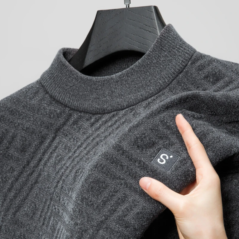 

Solid Color Thickened Turtleneck Sweater, Daily Business Casual Men's Geometric Pattern Sweater.Stretchable Thermal Underwear