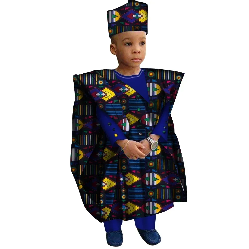 African Clothes with Hat Boy Tops and Pants African Print Clothes for Boys Bazin Riche Dashiki Gown Set WYT200