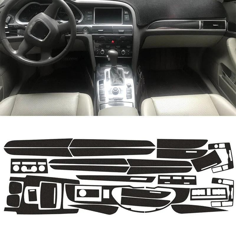 Car 3D Black Carbon Fiber Style Vinyl Interior Gear Panel Window Control Switch Sticker Kit Fit For Audi A6 C6 2005-2011 LHD