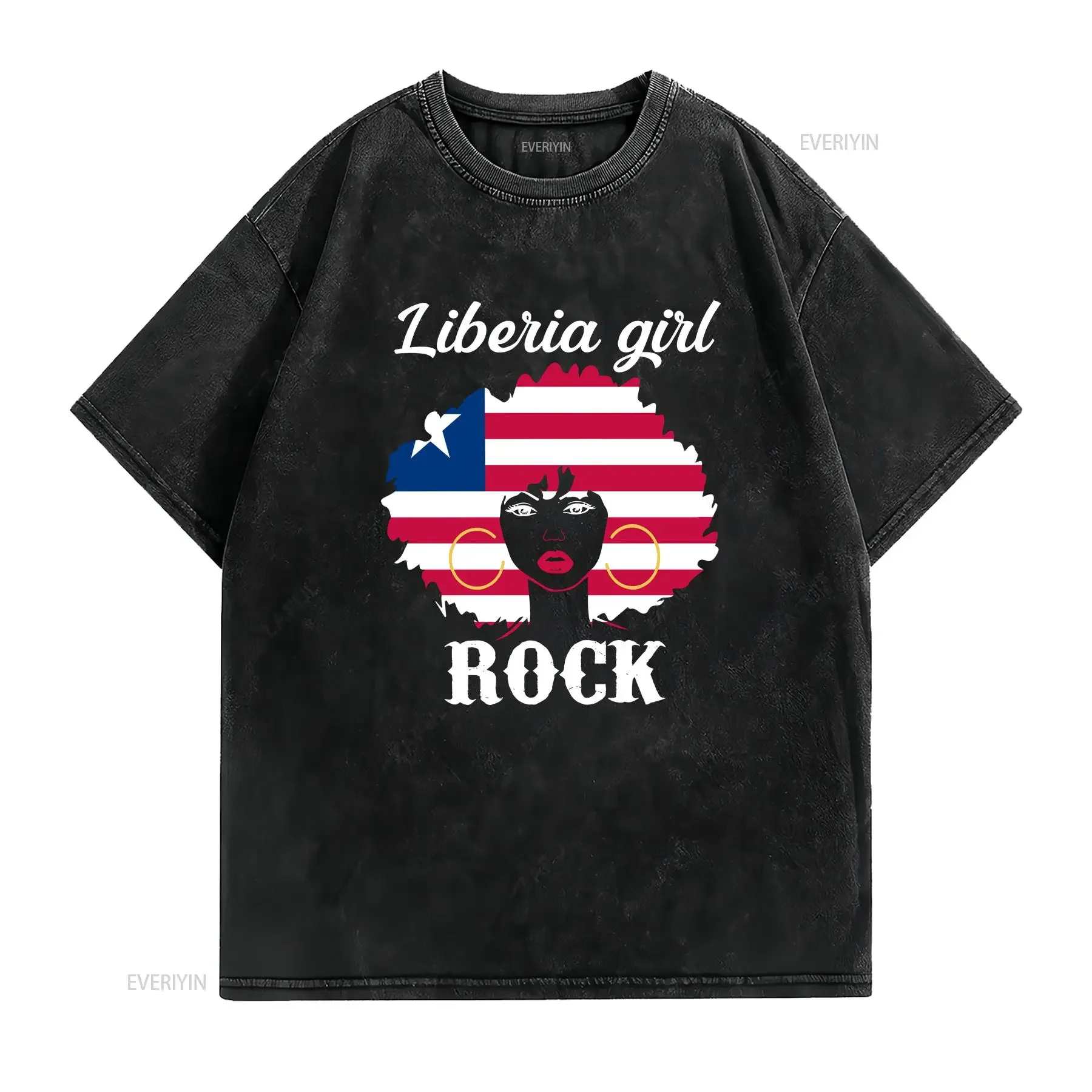 Liberia Flag Girl Rock T shirt Liberian women attitude vintage Washed Breathable Top For Everyday Wear Unisex Casual