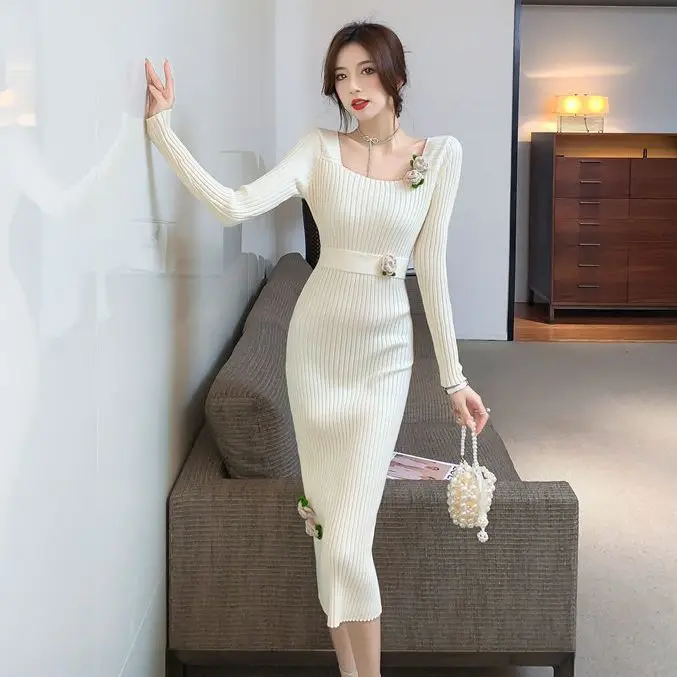 Outono inverno feminino pescoço quadrado vestido de malha camada base camisola vestido até o chão manga regular saias de comprimento total cq241